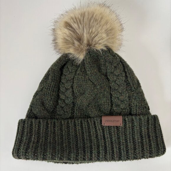 Pendleton Hat Wool Blend Cable Knit Beanie w/ Faux Fur Pom Pom O/S Olive Green - Picture 2 of 8